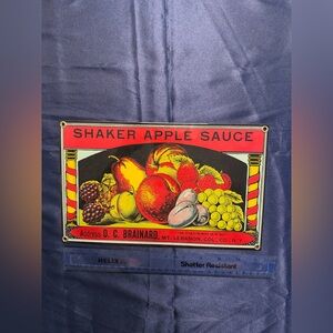 Vintage Shaker Apple Sauce Porcelain Enameled Metal Sign Excellent Condition